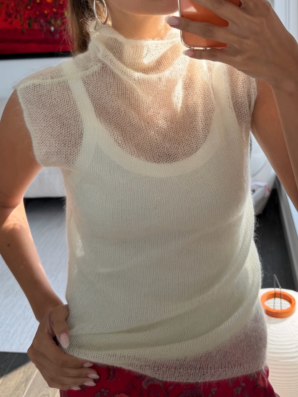 DKNY Essentials Mohair Blend Sheer Sleeveless Turtleneck Sweater | Size Large